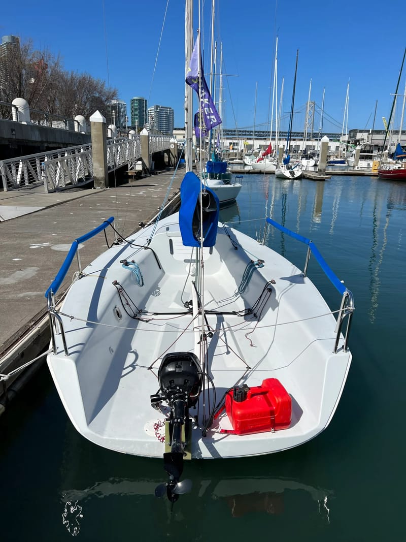 The cockpit of an Andrews 21 at the dock