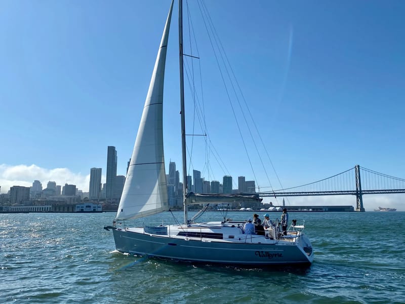 Valkyrie sailing past the city skyline and the Bay Bridge