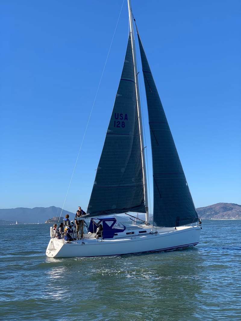 Cirrus under full sail with her crew on the rail