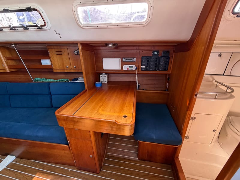 The teak saloon below deck on Cirrus