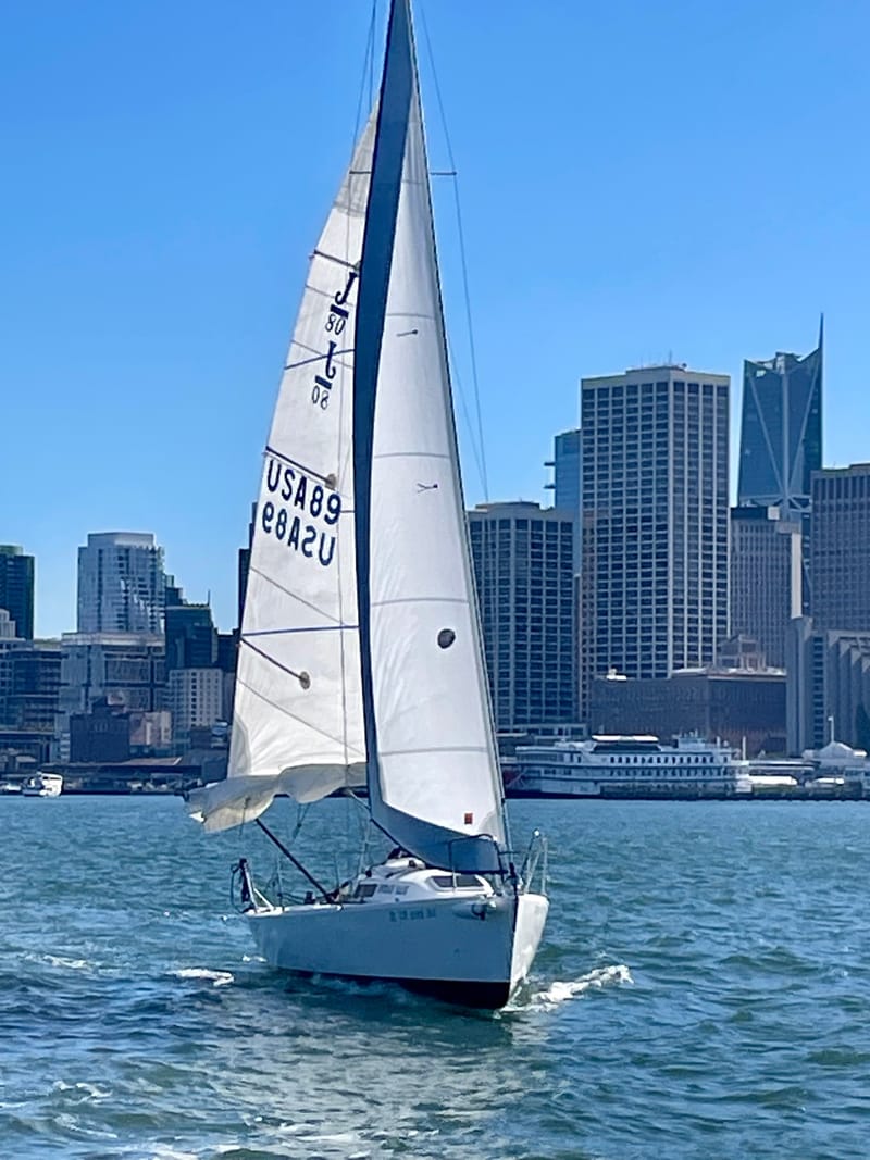 A J/80 sailing in front of the San Francisco skyline