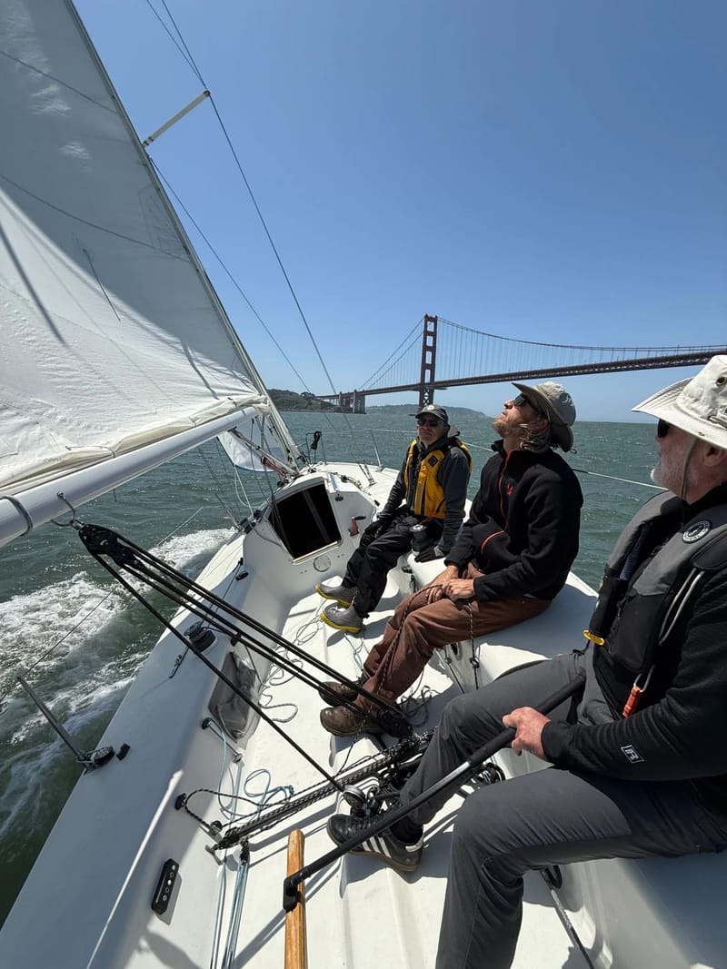 A crew in a J/80's cockpit with the Golden Gate Bridge behind