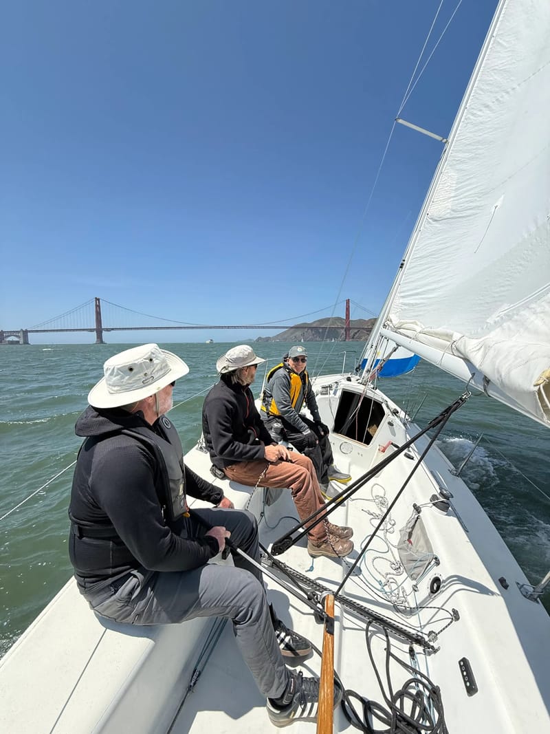 Sailors on a J/80 looking out toward the Golden Gate Bridge