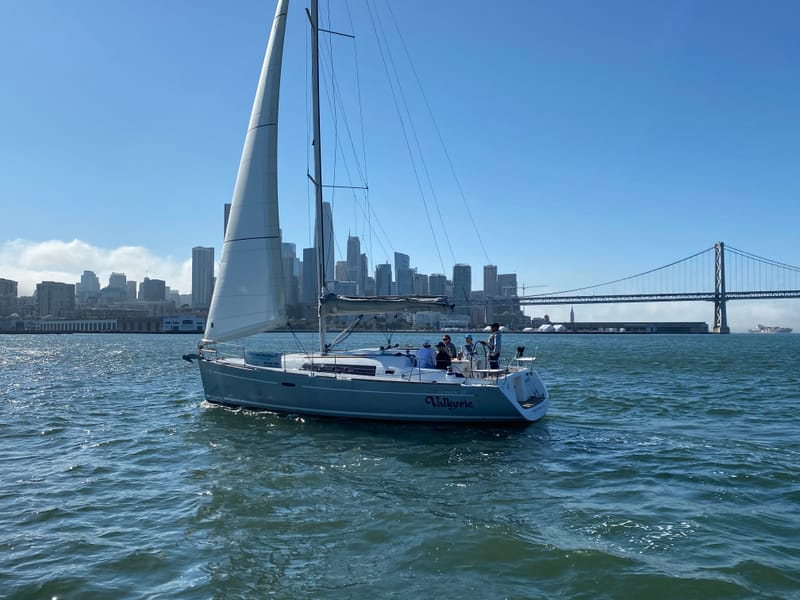 The Beneteau 37 Valkyrie sailing past the San Francisco skyline and Bay Bridge