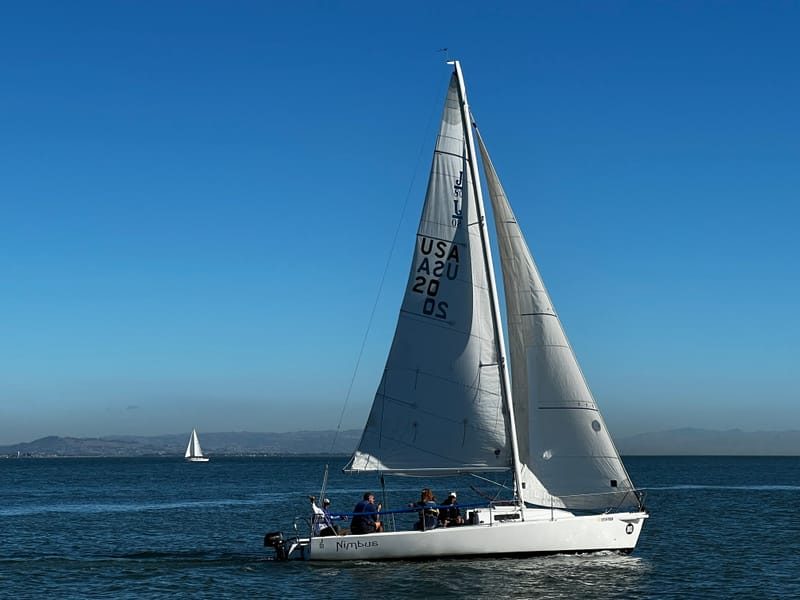 The J/80 Nimbus sailing on San Francisco Bay with her crew on the rail