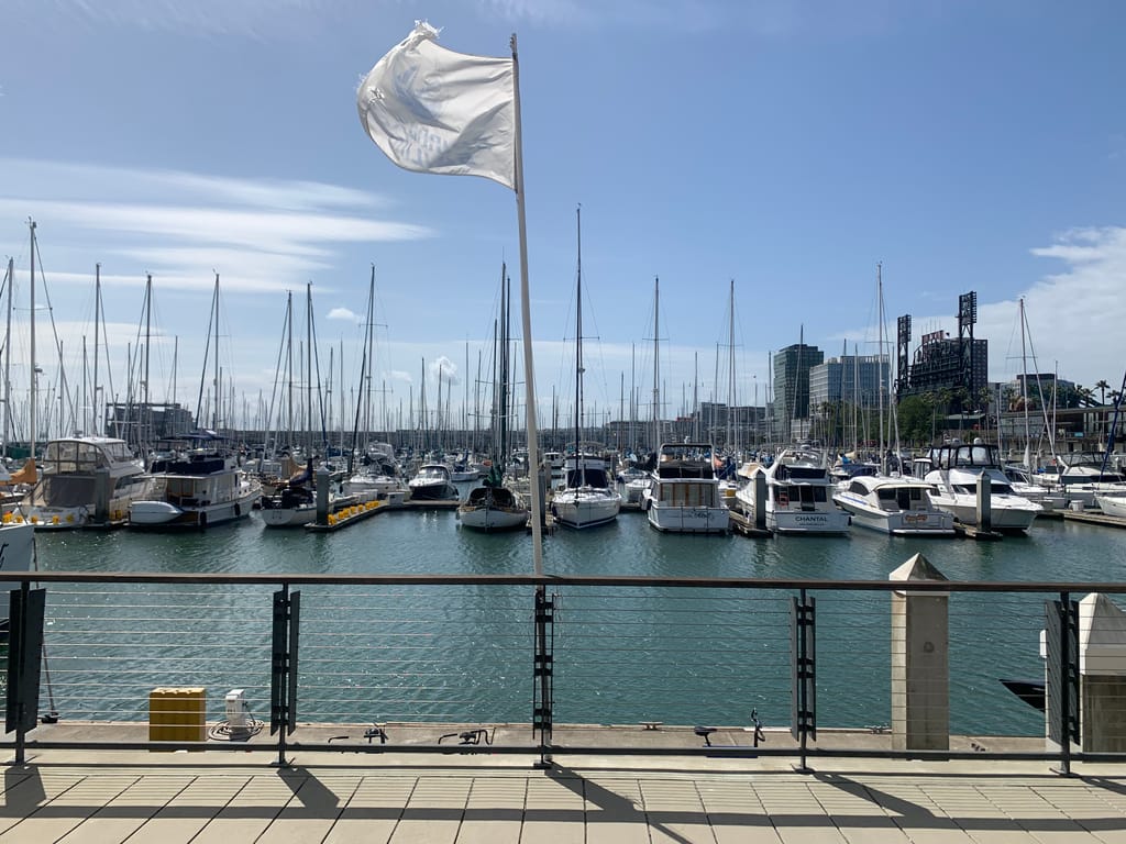 Masts at South Beach Harbor with the Oracle Park scoreboard visible beyond